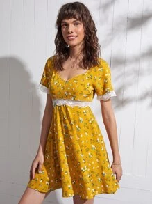 SHEIN Unity 印花拼接蕾絲後拉鏈洋裝 - 芥末黃 - 查看 5