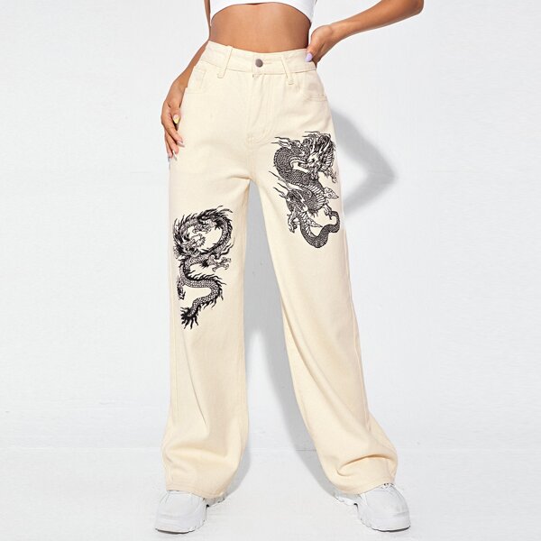 

Chinese Dragon Print Wide Leg Jeans, Khaki