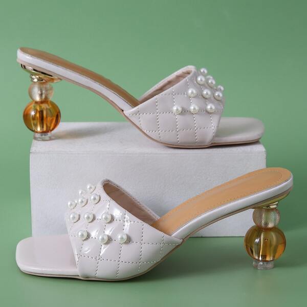 

Faux Pearl Decor Sculpture Heeled Sandal Mules, Beige