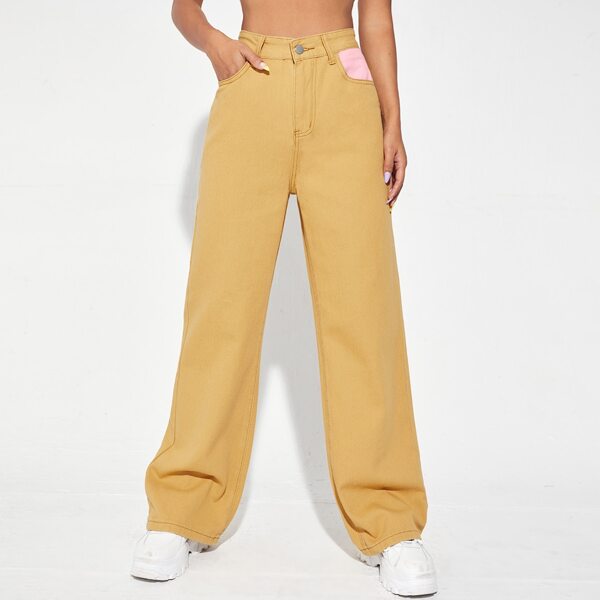 

High Waist Colorblock Wide Leg Jeans, Khaki