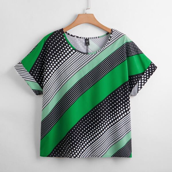 

Plus Polka Dot Colorblock Blouse, Multicolor