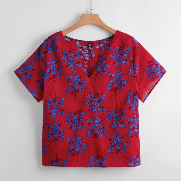 

Plus Floral Print Notched Neck Blouse, Multicolor