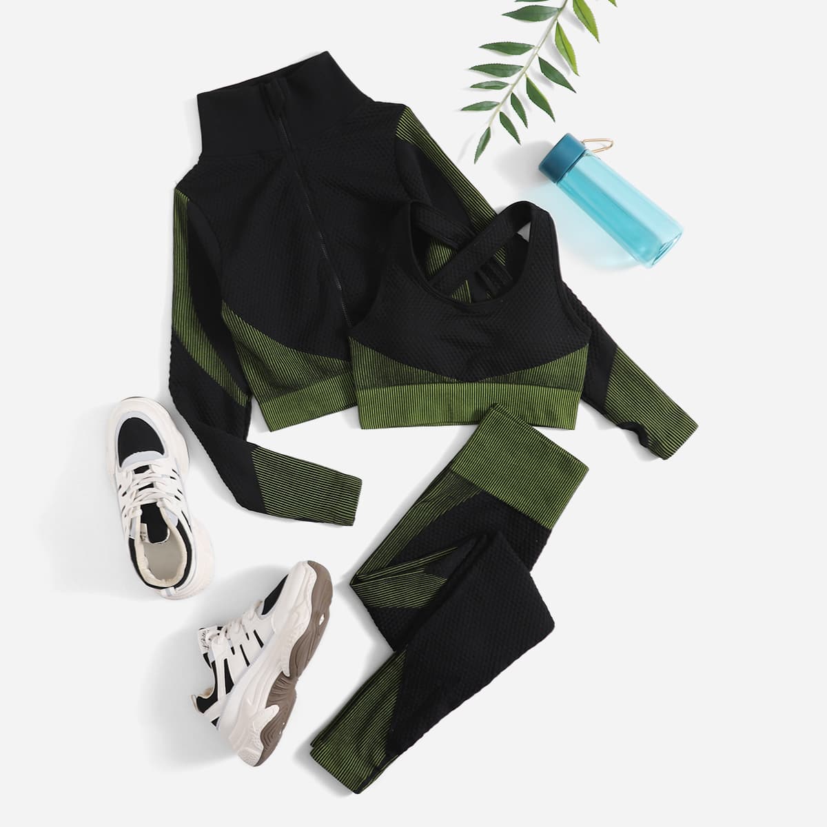 

Seamless 3pcs Sports Bra & Sports Jacket & Sports Leggings, Army green
