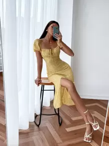 Allover Print Square Neck Ruched Bust Milkmaid Dress - Yellow - View 1