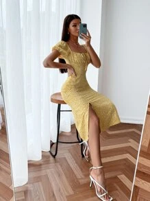 Allover Print Square Neck Ruched Bust Milkmaid Dress - Yellow - View 4