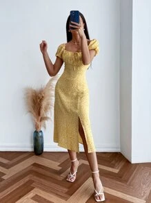 Allover Print Square Neck Ruched Bust Milkmaid Dress - Yellow - View 5