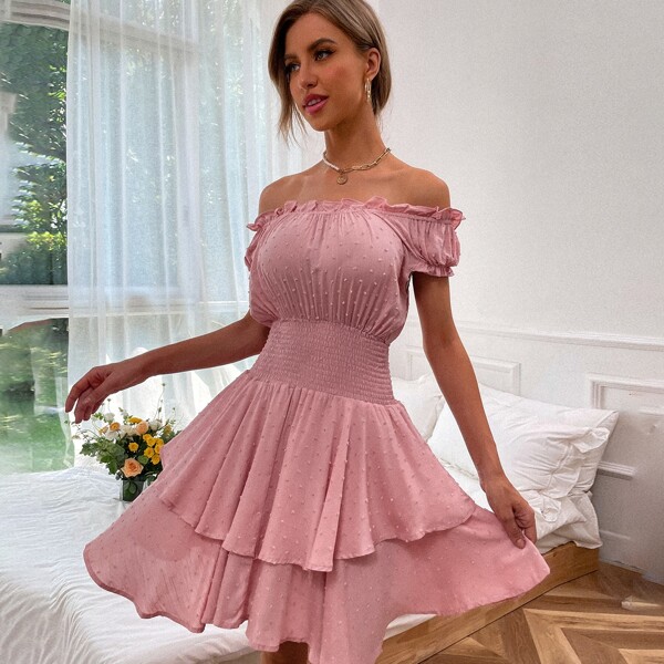 

Swiss Dot Shirred Waist Layered Dress, Dusty pink