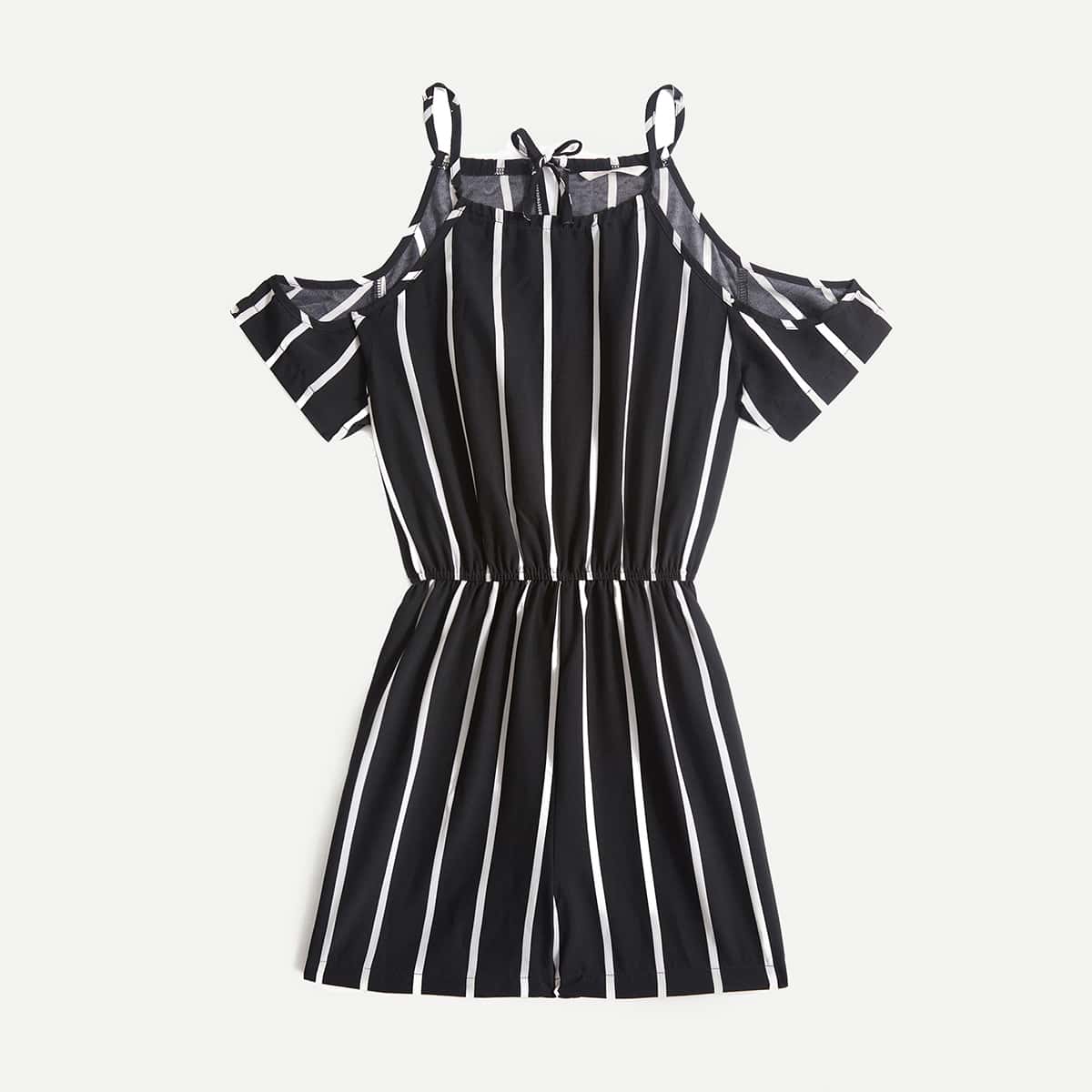 

Striped Cold Shoulder Romper, Black and white