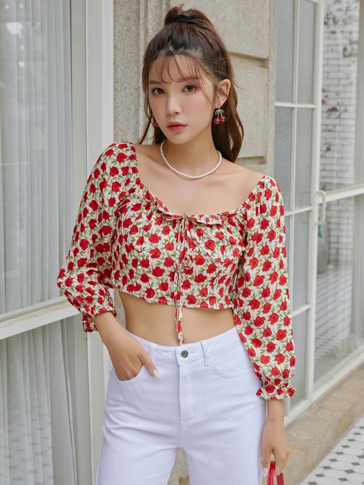 Scoop Neck Allover Floral Crop Blouse,Ruffle,Fall Women Clothes Long Sleeve Top Boho