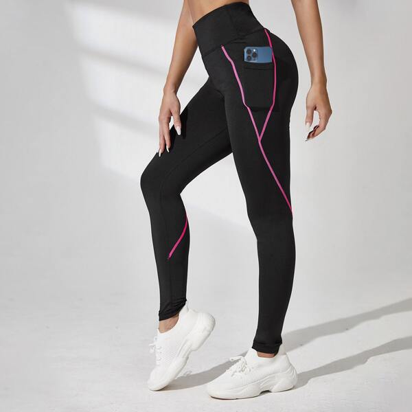 

Contrast Binding Sports Leggings With Phone Pocket, Black