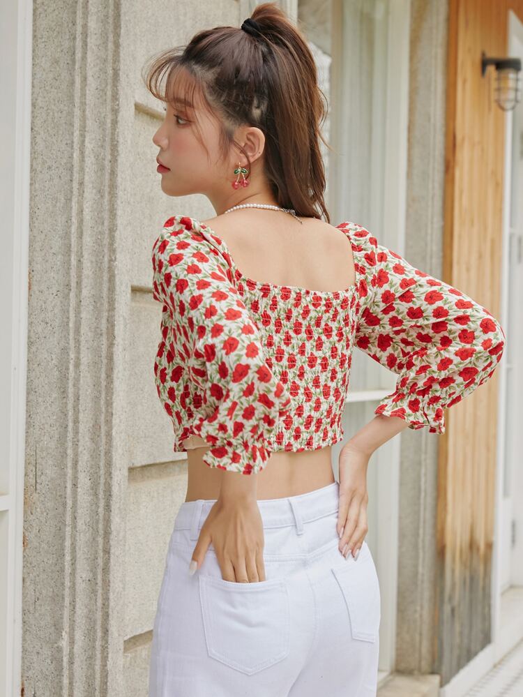 Scoop Neck Allover Floral Crop Blouse,Ruffle,Fall Women Clothes Long Sleeve Top Boho