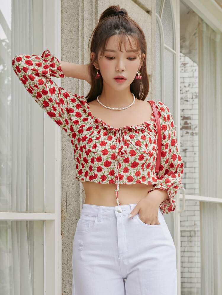 Scoop Neck Allover Floral Crop Blouse,Ruffle,Fall Women Clothes Long Sleeve Top Boho