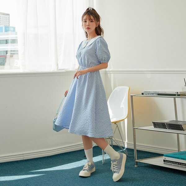 

Gingham Contrast Collar A-line Dress, Baby blue
