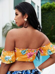 SHEIN VCAY Plus Floral Drawstring Detail Bardot Top - Yellow - View 2