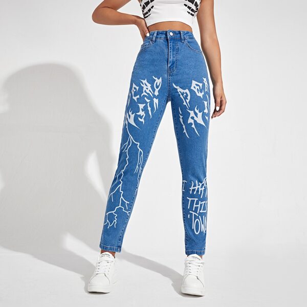 

Lightning & Slogan Graphic Jeans, Medium wash