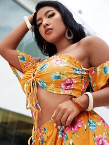 SHEIN VCAY Plus Floral Drawstring Detail Bardot Top - Yellow - View 3