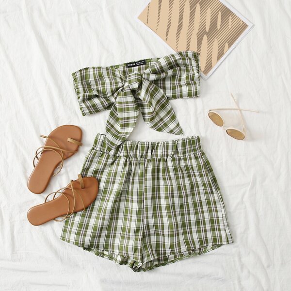 

Tartan Tie Front Tube Top & Shorts Set, Multicolor