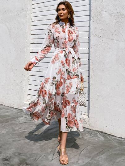 Missord Allover Floral Print Tiered Hem Belted Dress