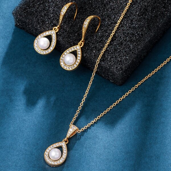 

3pcs Zircon Decor Jewelry Set, Gold