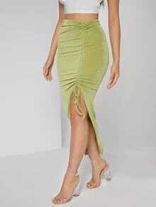SHEIN تنورة مكشكش برباط - أخضر نعناع - مشاهدة 3
