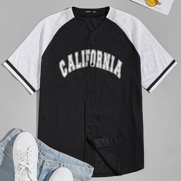 

Men Raglan Sleeve Letter Graphic Shirt, Black and white
