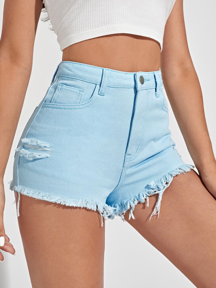 Raw Hem Ripped Denim Shorts - Baby Blue - View 5