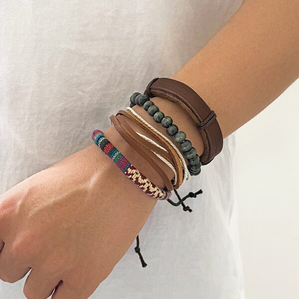

4pcs Men Bead Detail Bracelet, Multicolor