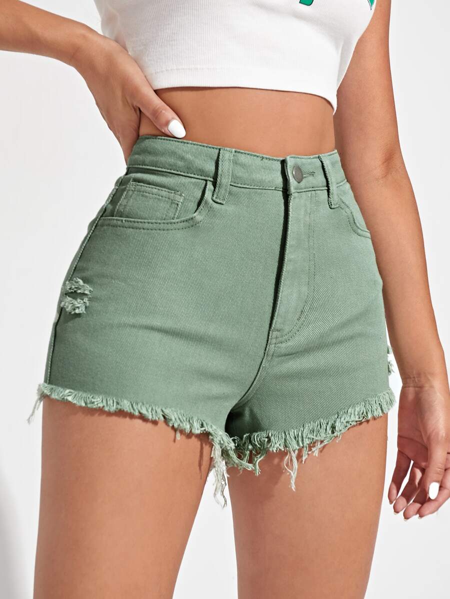 SHEIN EZwear 毛邊破洞牛仔短褲 - 薄荷綠 - 查看 1