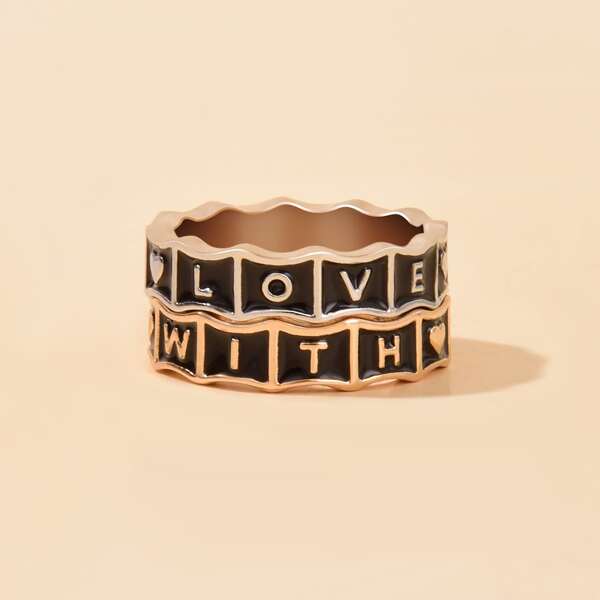 

2pcs Letter Graphic Ring, Multicolor