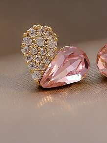 Andkiss Rhinestone Heart Stud Earrings Valentines - Pink - View 3