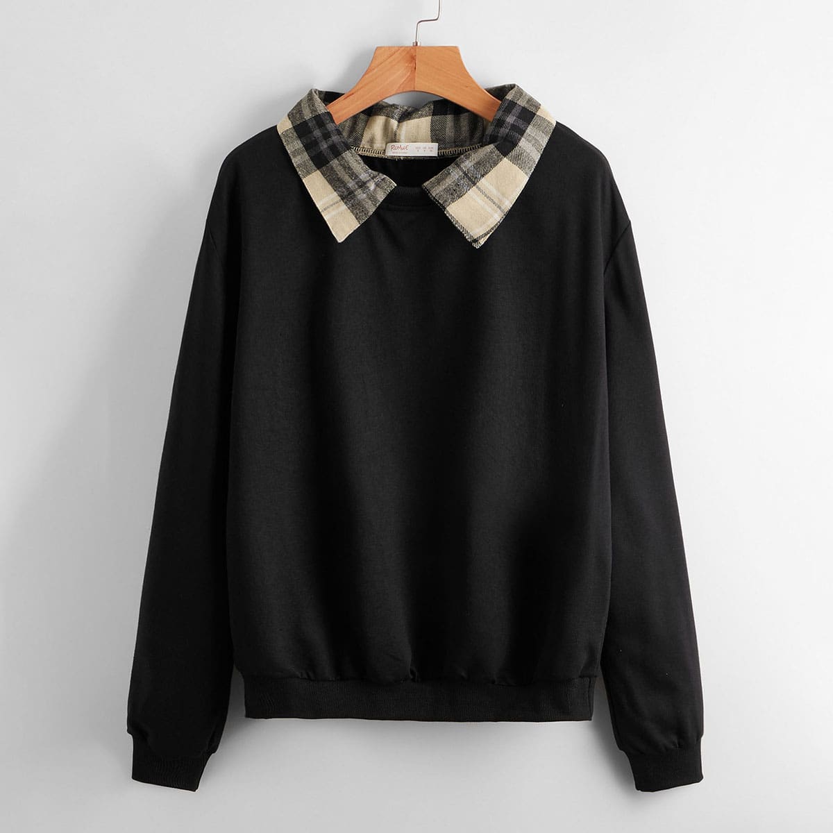 

Contrast Plaid-collar Sweatshirt, Black