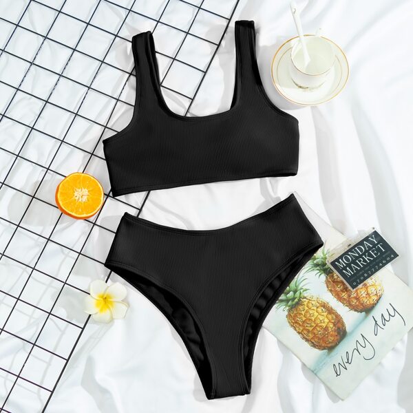 

Rib High Waisted Bikini Swimsuit, Black