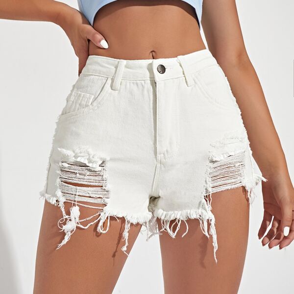 

Ripped Raw Hem Denim Shorts, White