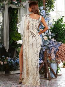 Missord Contrast Sequin Split Thigh Cape Dress