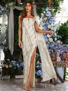 Missord Contrast Sequin Split Thigh Cape Dress