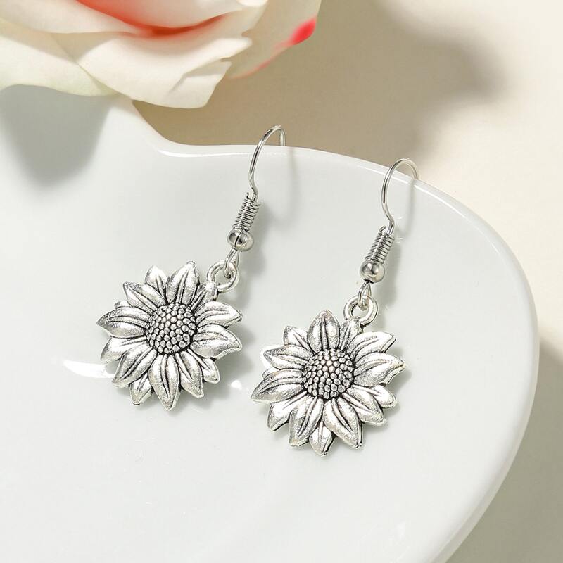 

Sunflower Drop Earrings, Antique silver