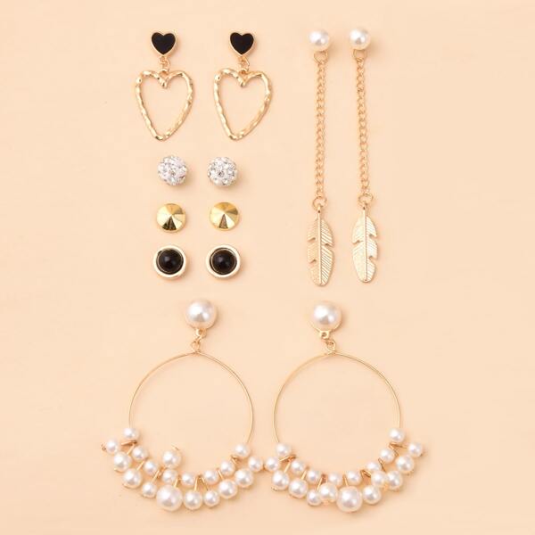 

6pairs Faux Pearl Decor Heart Charm Earrings, Multicolor