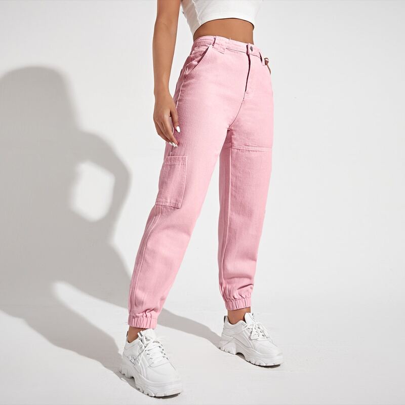 

High Waist Pocket Side Jogger Jeans, Baby pink