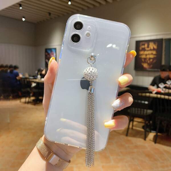 

Solid Phone Case With Rhinestone Decor Tassel, Clear