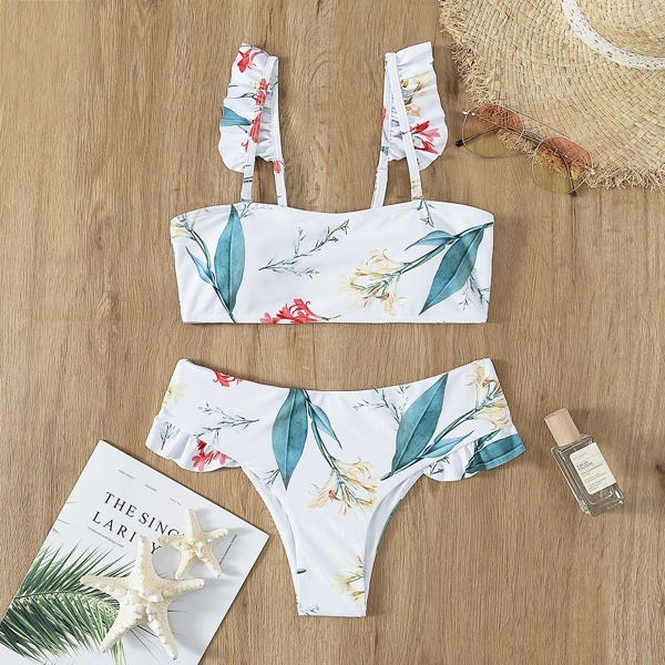 

Floral Print Ruffle Trim Bikini Swimsuit, White