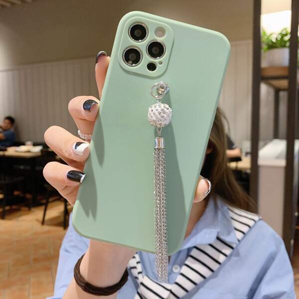 

Solid Phone Case With Rhinestone Decor Tassel, Green