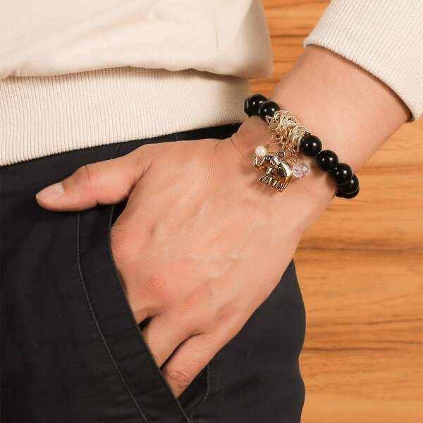 

Men Elephant Charm Beaded Bracelet, Gold