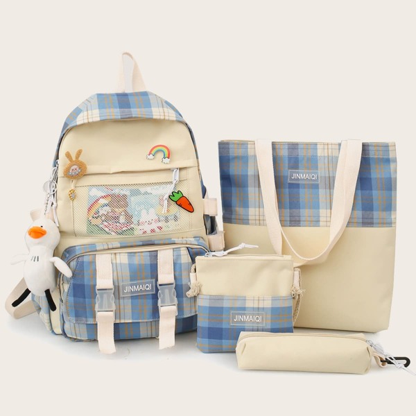 

4pcs Tartan Backpack Set With Cartoon Bag Charm, Blue
