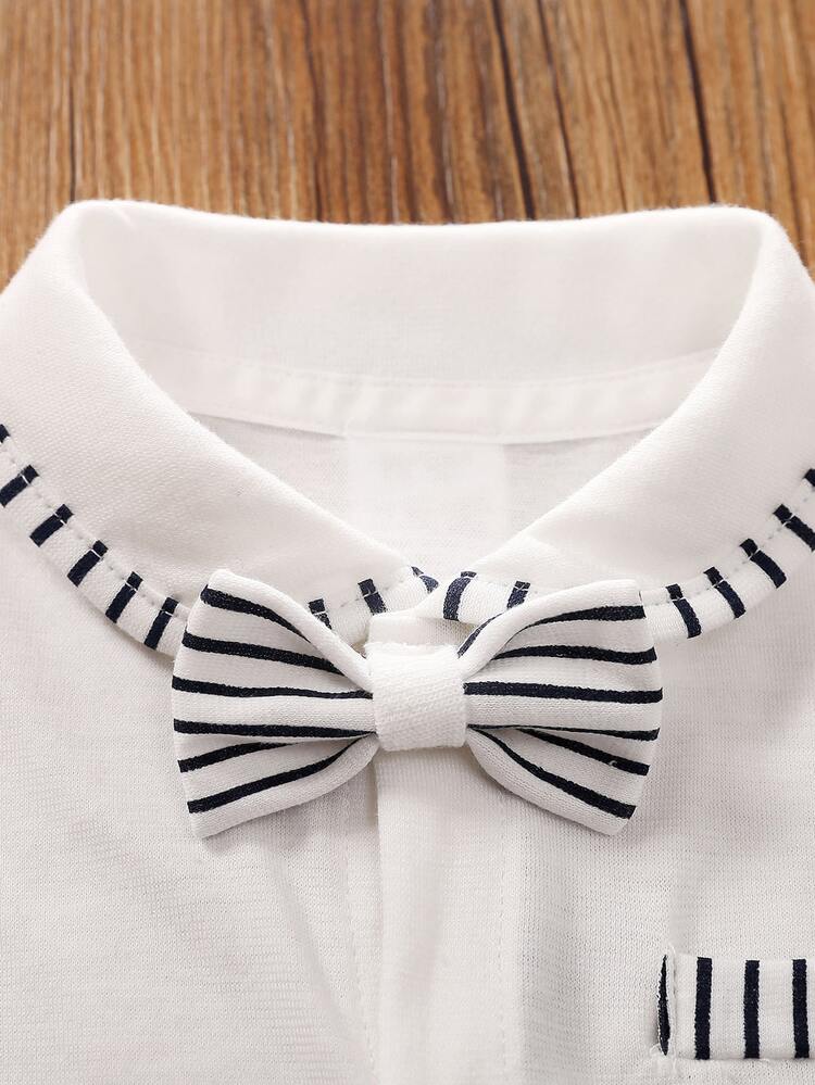 Yierying Baby Boy Striped Bow Detail Romper - Black and White - View 3