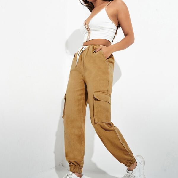 

Flap Pocket Drawstring Cargo Jeans, Mocha brown