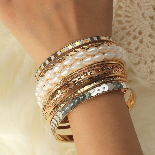 

8pcs Faux Pearl Decor Bangle, Gold