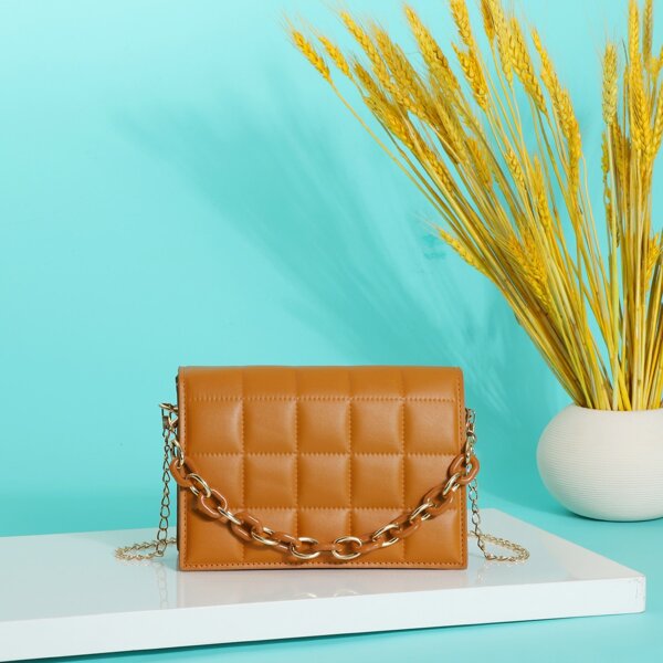 

Chain Decor Quilted Crossbody Bag, Khaki