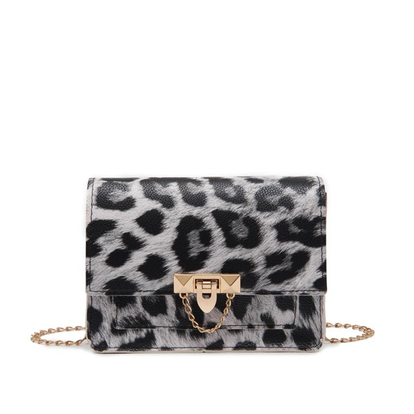 

Leopard Print Flap Chain Bag, Black and white