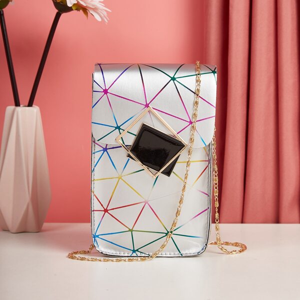 

Geometric Graphic Flap Chain Bag, Silver