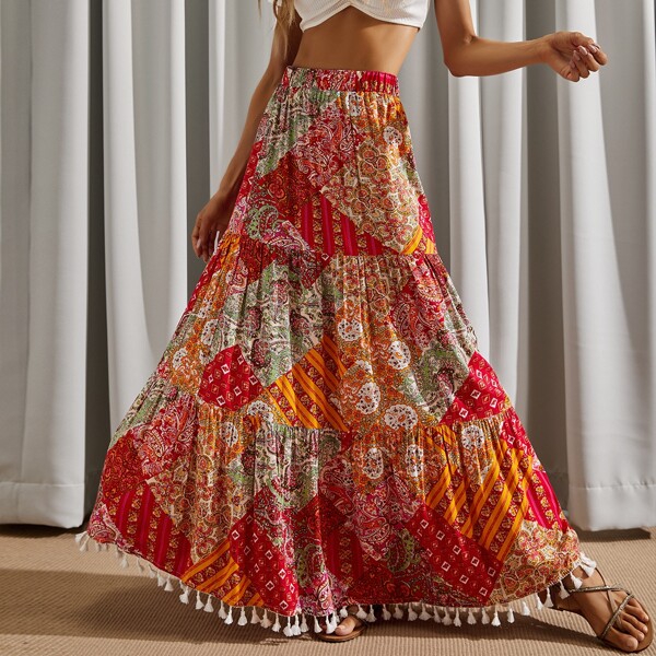 

Paisley Print Elastic Waist Tassel Hem Skirt, Multicolor
